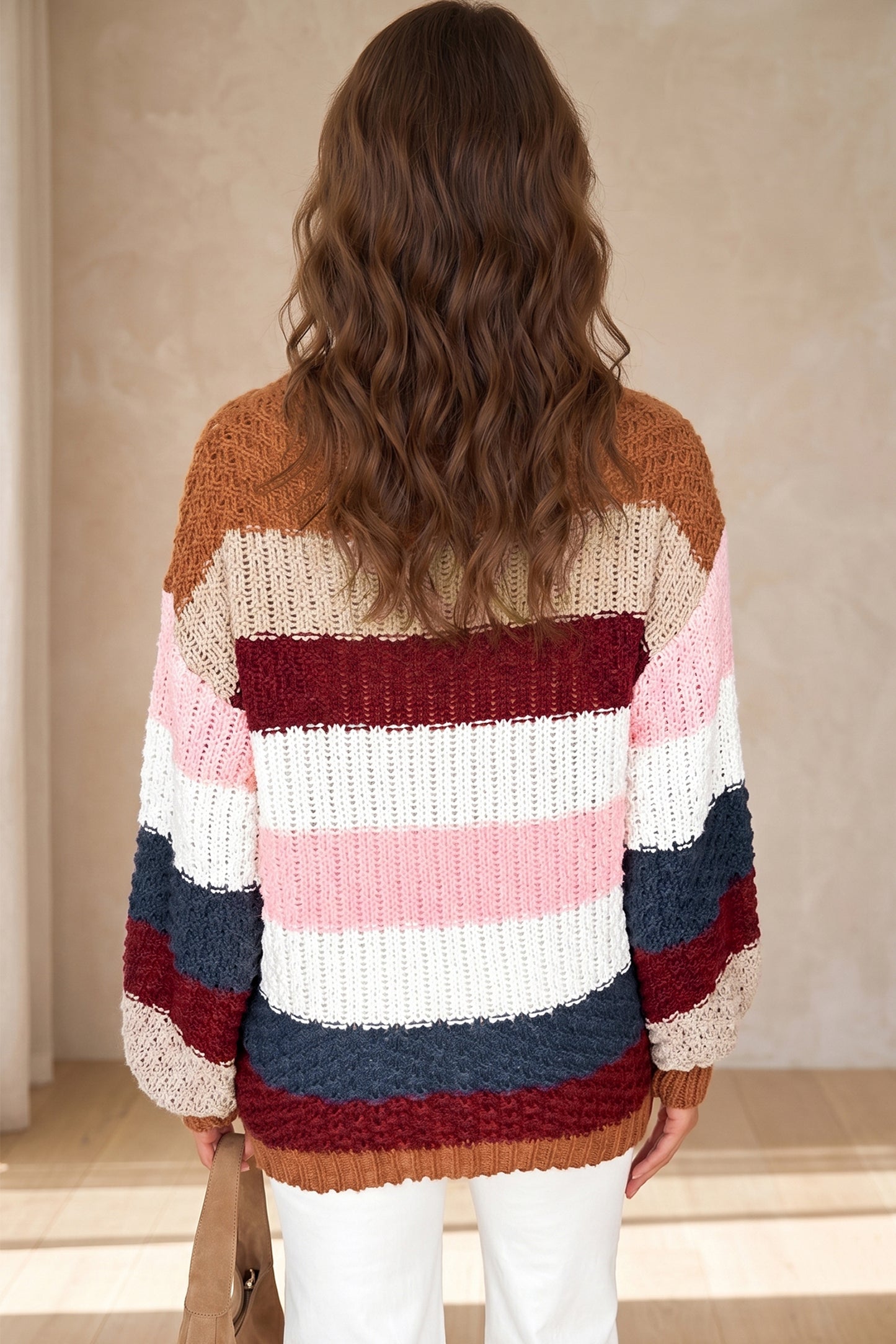 Multicolour Striped Knit Dropped Shoulder Round Neck Pullover Sweater-Sweaters & Cardigans/Sweaters-[Adult]-[Female]-2022 Online Blue Zone Planet