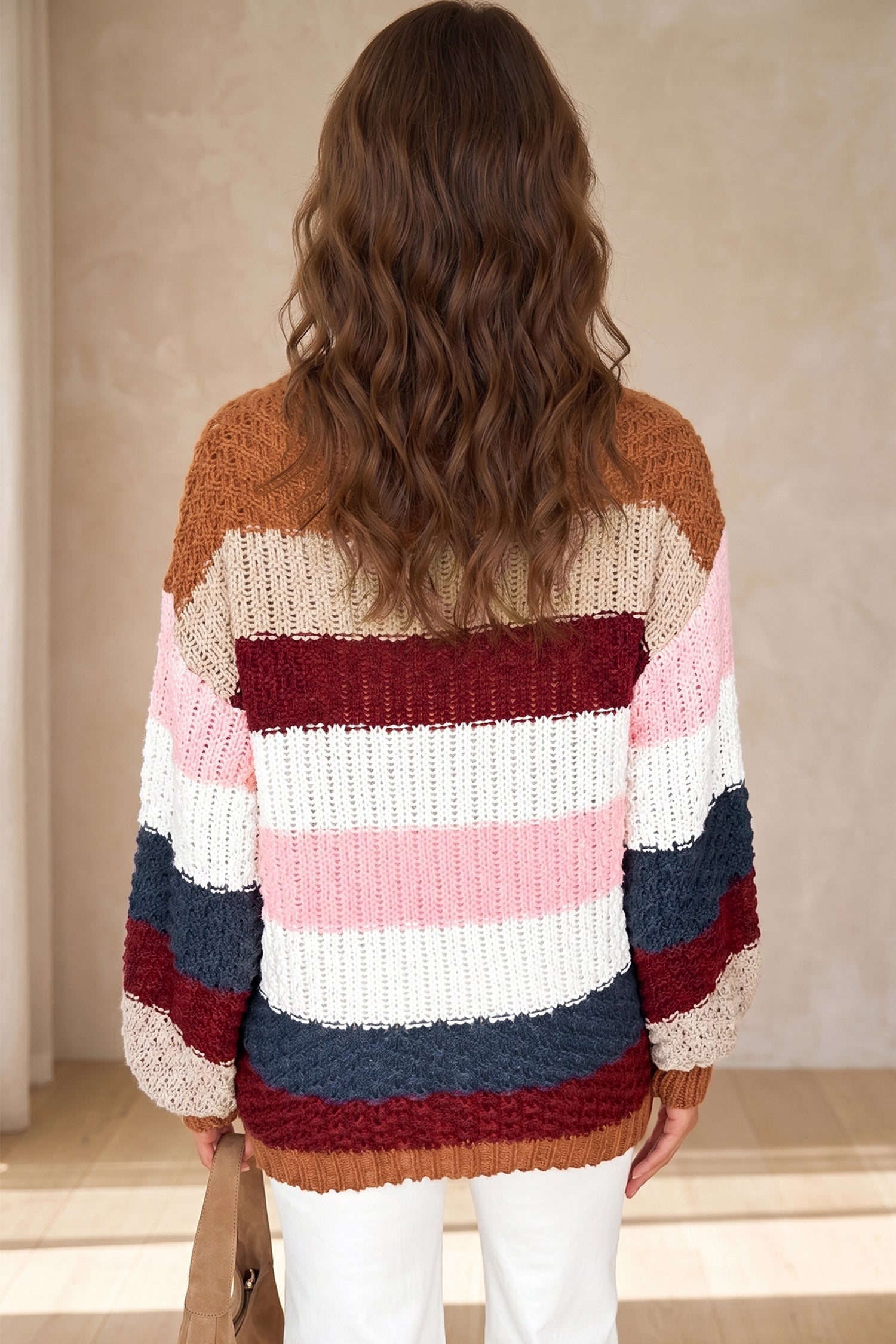 Multicolour Striped Knit Dropped Shoulder Round Neck Pullover Sweater-Sweaters & Cardigans/Sweaters-[Adult]-[Female]-2022 Online Blue Zone Planet