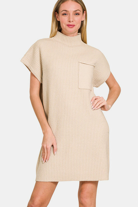 Zenana Short Sleeve Sweater Mini Dress-TOPS / DRESSES-[Adult]-[Female]-Sand Beige-S-2022 Online Blue Zone Planet