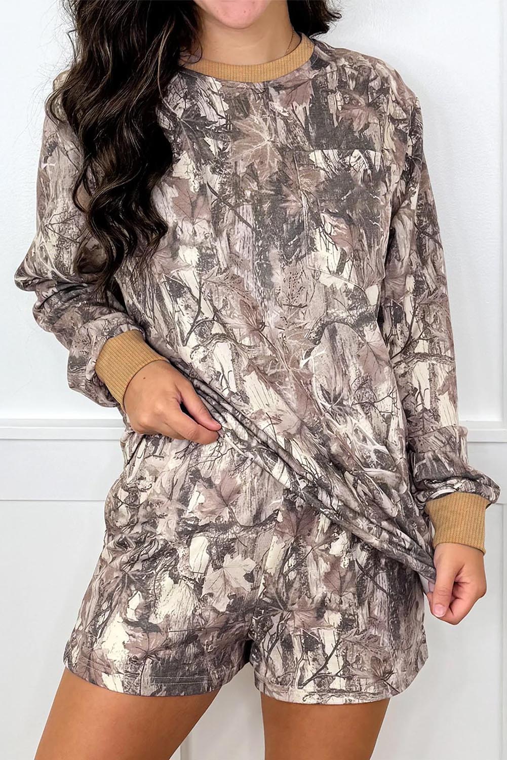 Khaki Woodland Camo Print Long Sleeve Top Casual Short Set-Two Piece Sets/Short Sets-[Adult]-[Female]-Khaki-S-2022 Online Blue Zone Planet