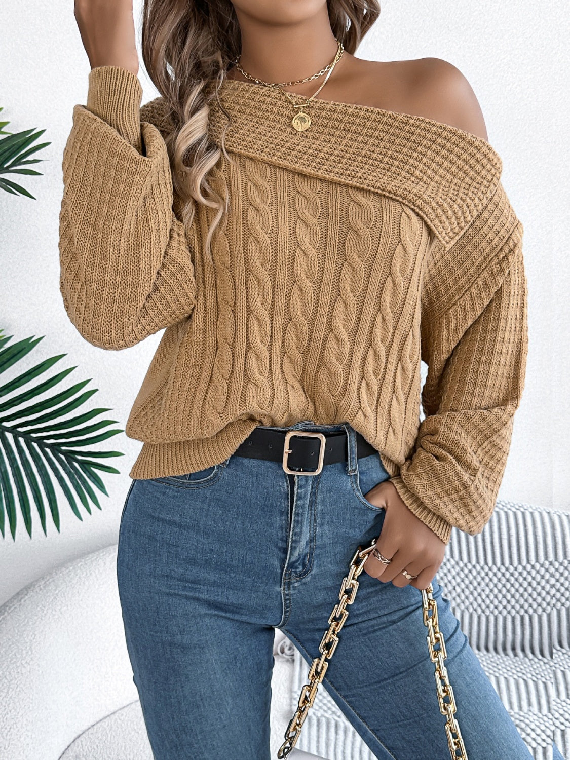 Cable-Knit One Shoulder Long Sleeve Sweater-TOPS / DRESSES-[Adult]-[Female]-2022 Online Blue Zone Planet