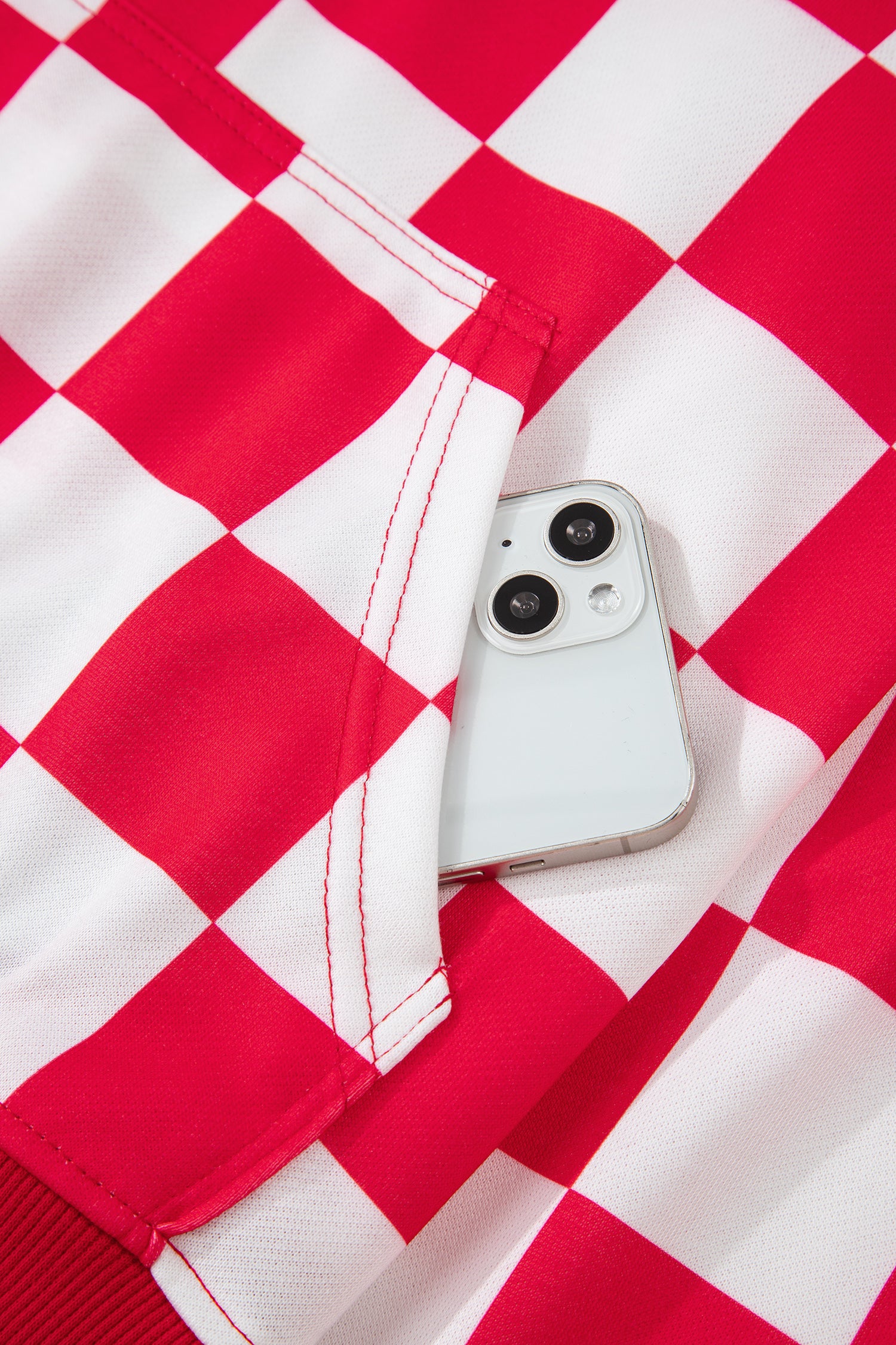 Red Checkered Print Half Zip Hoodie Loose Pant Set-Tops / Dresses-[Adult]-[Female]-2022 Online Blue Zone Planet