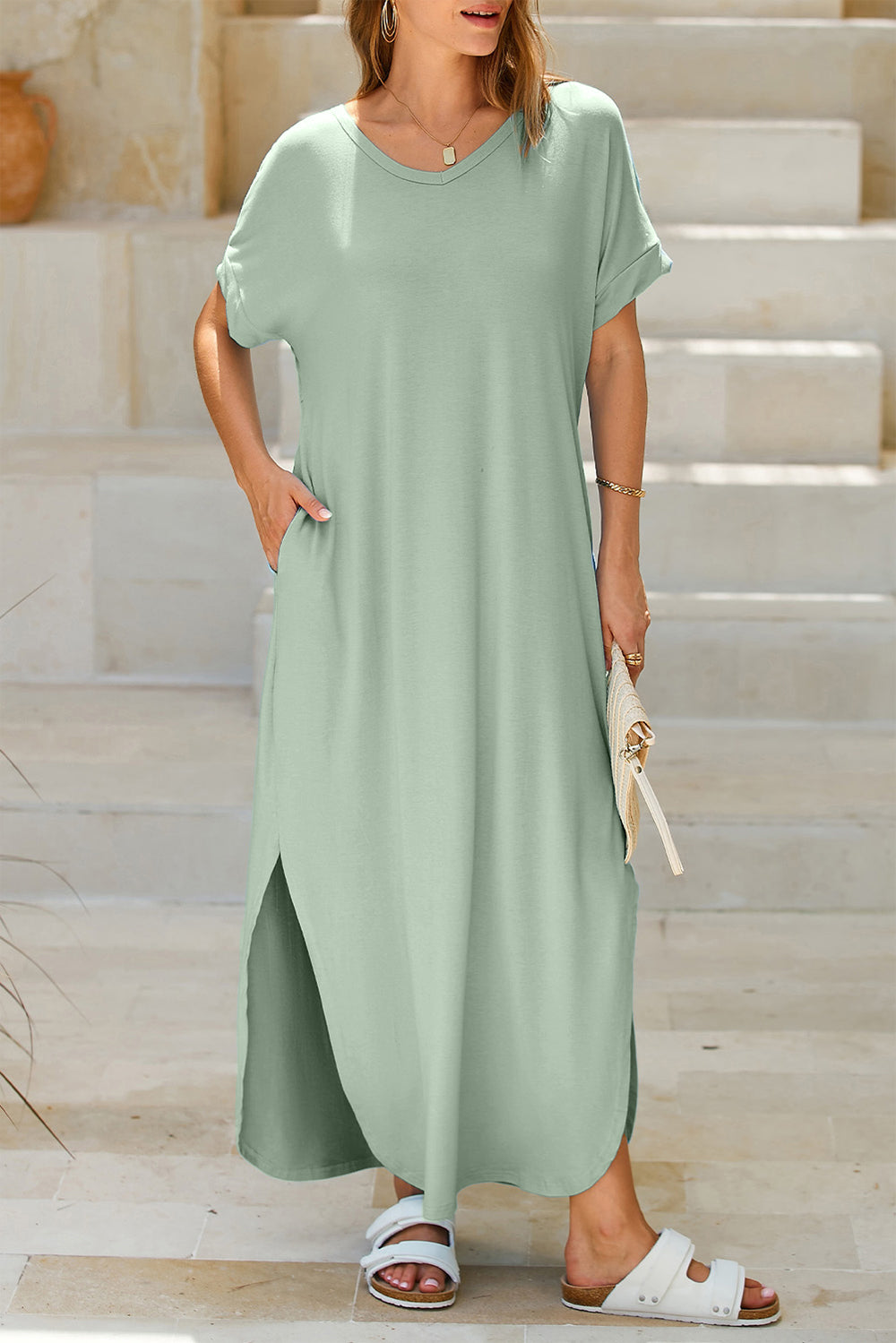 Slit Pocketed Short Sleeve Dress-[Adult]-[Female]-Sage-S-2022 Online Blue Zone Planet