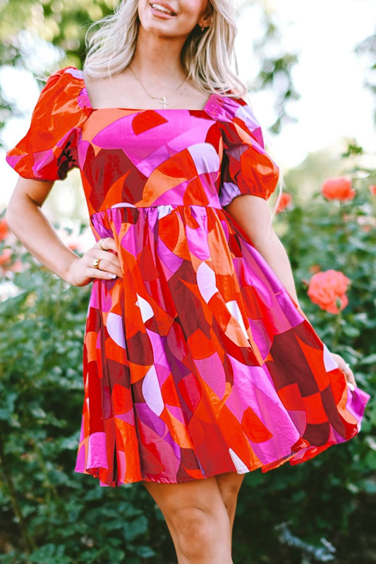 Printed Square Neck Puff Sleeve Dress-TOPS / DRESSES-[Adult]-[Female]-Hot Pink-S-2022 Online Blue Zone Planet