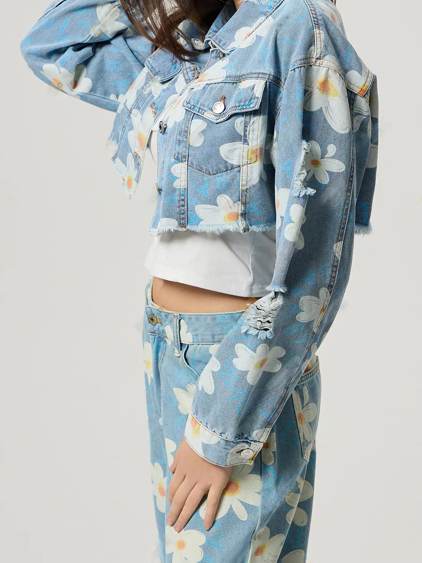 Blue Zone Planet | Distressed Raw Hem Floral Collared Neck Denim Top-TOPS / DRESSES-[Adult]-[Female]-2022 Online Blue Zone Planet