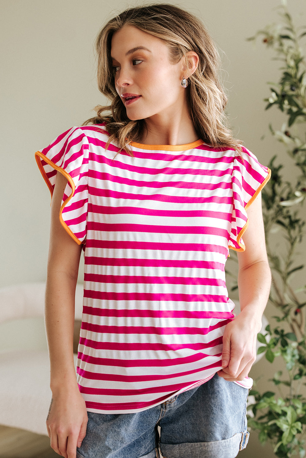 Rose Red Striped Ruffle Sleeve Crew Neck Blouse-Tops/Blouses & Shirts-[Adult]-[Female]-Rose Red-S-2022 Online Blue Zone Planet