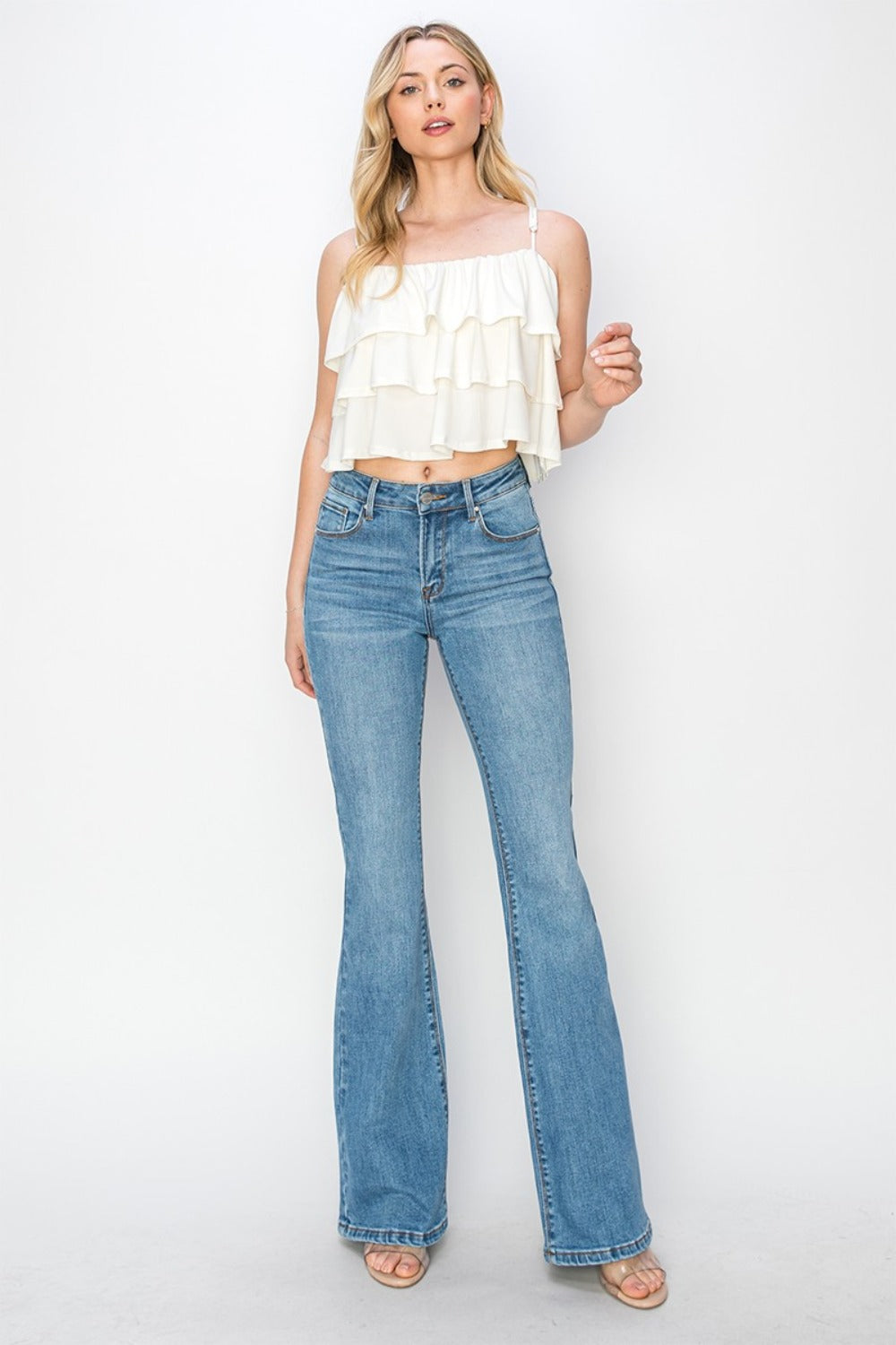 Blue Zone Planet | RISEN Mid Rise Flare Jeans with Pockets-BOTTOM SIZES SMALL MEDIUM LARGE-[Adult]-[Female]-2022 Online Blue Zone Planet