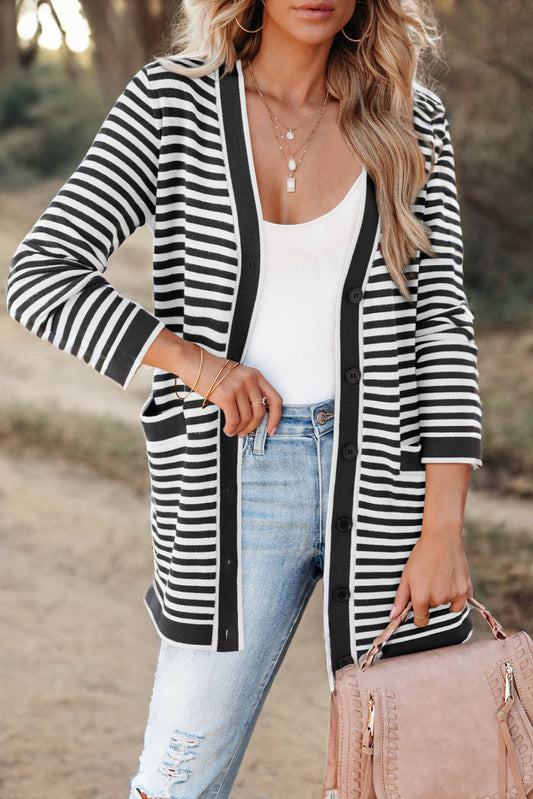 Striped Open Front Long Sleeve Cardigan-TOPS / DRESSES-[Adult]-[Female]-Black-S-2022 Online Blue Zone Planet