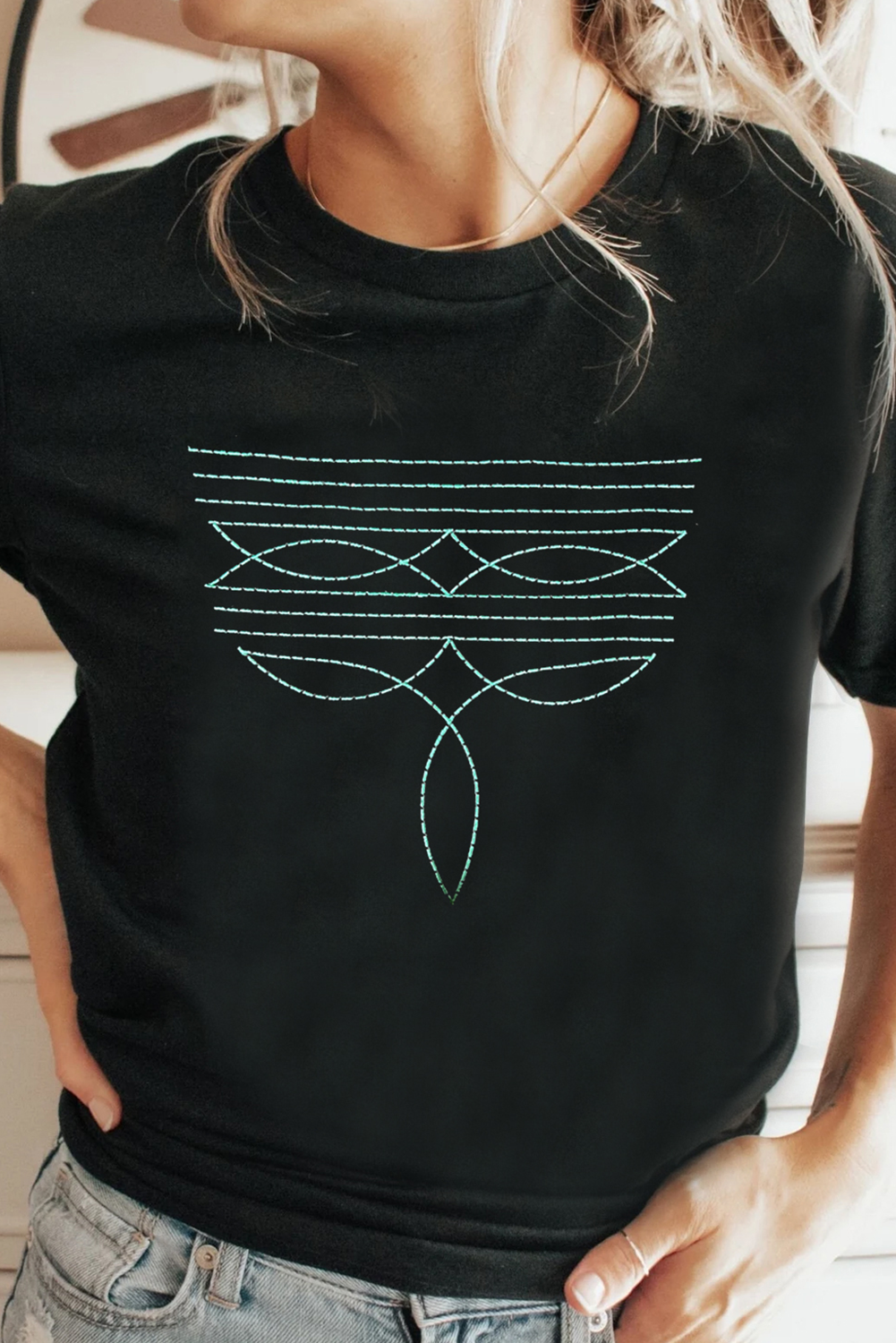 Black Western Fashion Geometric Embroidered T Shirt-Graphic/Graphic Tees-[Adult]-[Female]-2022 Online Blue Zone Planet