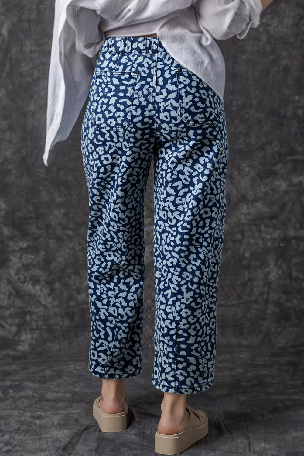 Blue Leopard Printed Drawstring Elastic Waistband Pocketed Wide Leg Jeans-Bottoms/Jeans-[Adult]-[Female]-2022 Online Blue Zone Planet