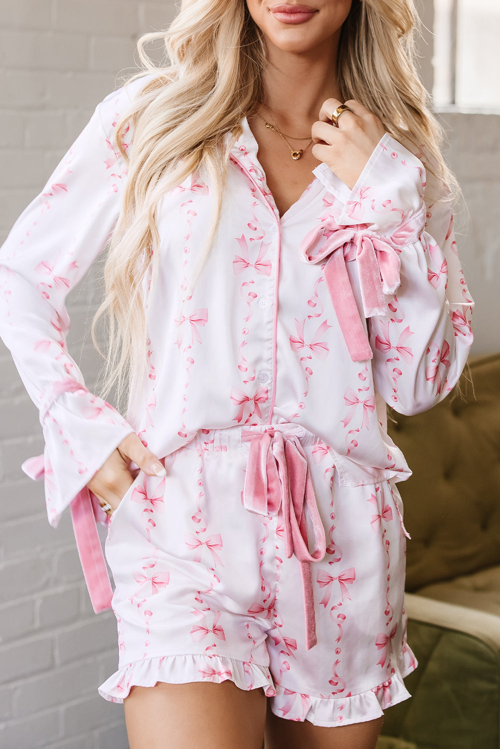 Blue Zone Planet | Pink Satin Bow Bell Sleeve Shirt and Ruffled Shorts Pajama Set-Loungewear & Sleepwear/Sleepwear-[Adult]-[Female]-2022 Online Blue Zone Planet