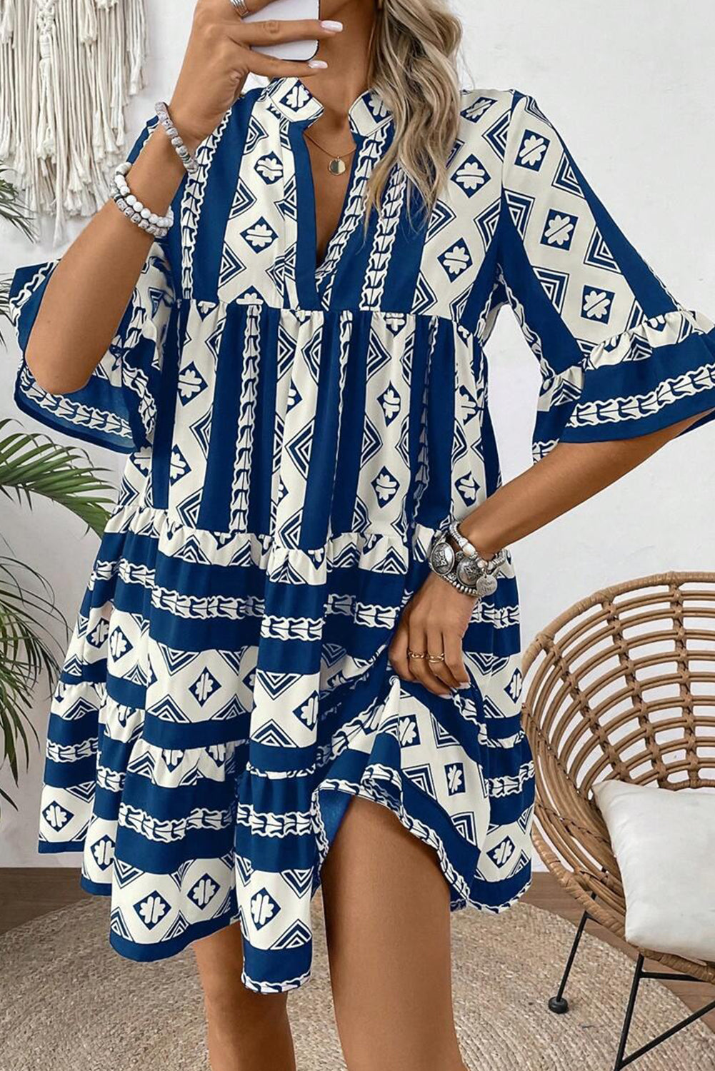 Blue Geometric Print V Neck Ruffled Dress-Dresses/Mini Dresses-[Adult]-[Female]-2022 Online Blue Zone Planet