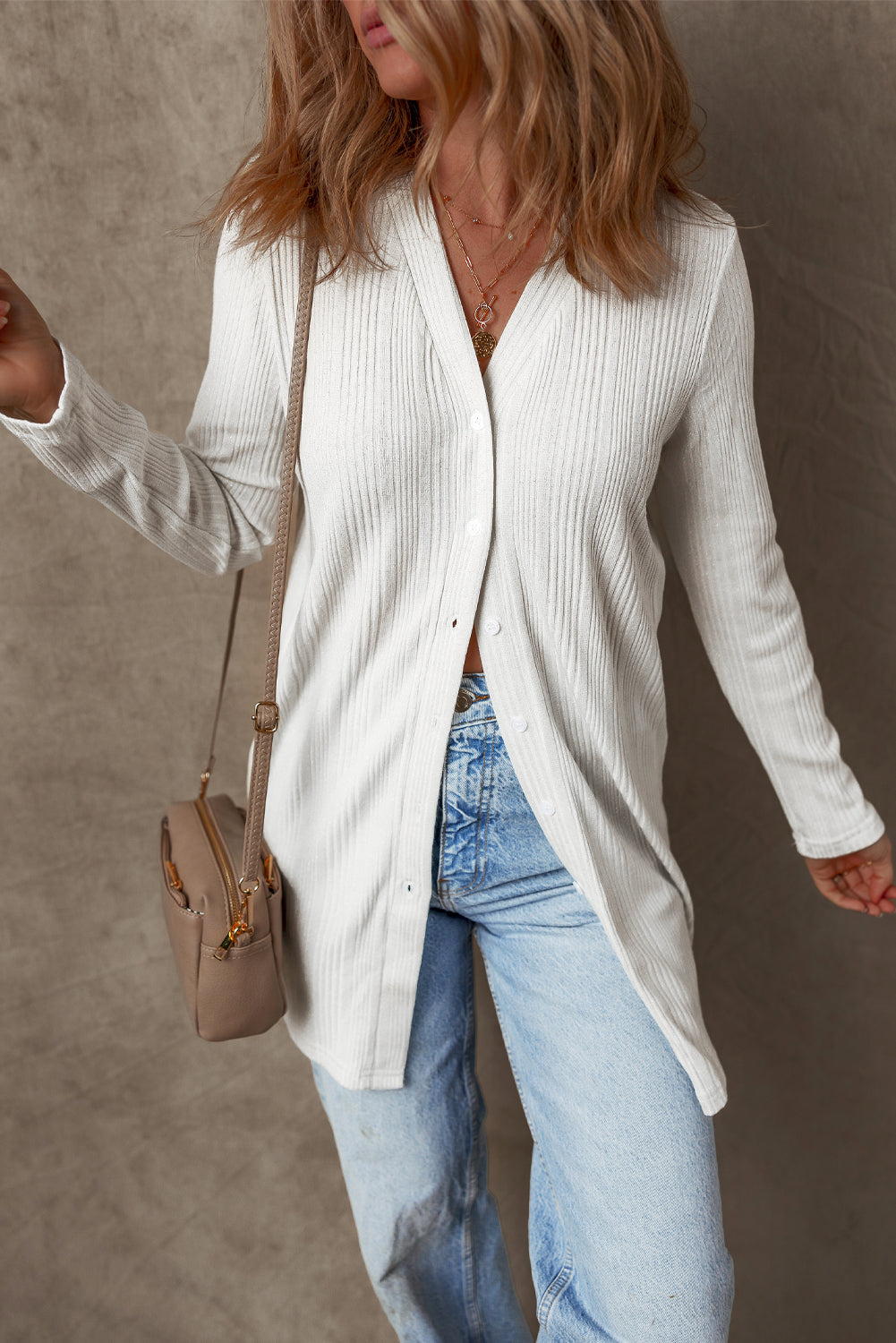 Blue Zone Planet | White Solid Color Ribbed Button up Tunic Cardigan-Sweaters & Cardigans/Cardigans-[Adult]-[Female]-2022 Online Blue Zone Planet