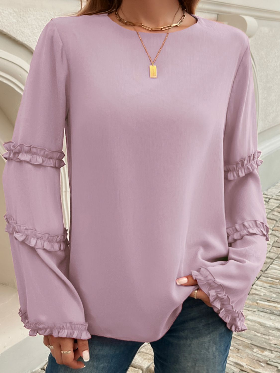 Devine Frill Round Neck Long Sleeve Top-TOPS / DRESSES-[Adult]-[Female]-2022 Online Blue Zone Planet