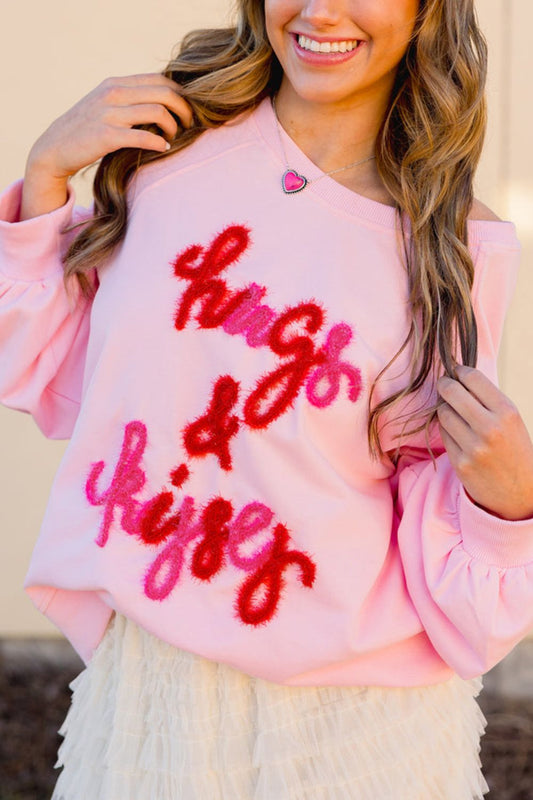 Valentine’s Day HUG AND KISSES Round Neck Sweatshirt-TOPS / DRESSES-[Adult]-[Female]-Blush Pink-S-2022 Online Blue Zone Planet