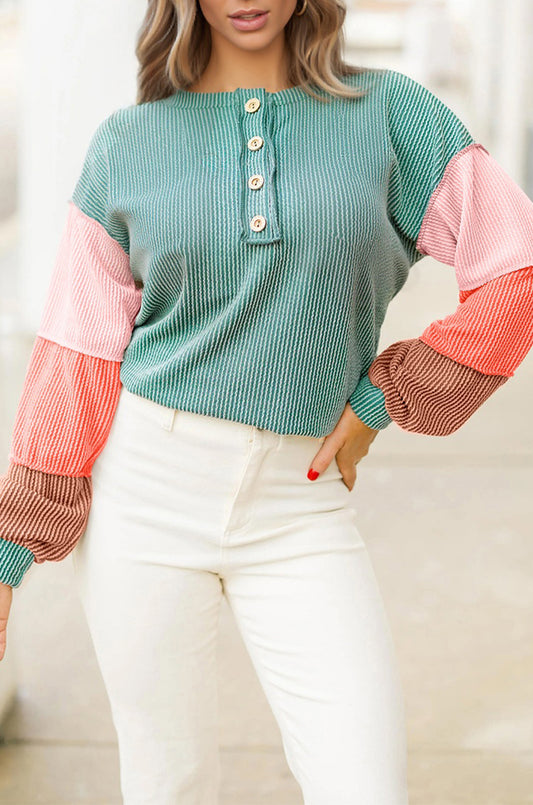 Multicolour Twisted Ribbed Knit Colorblock Henley Top-Tops/Long Sleeve Tops-[Adult]-[Female]-2022 Online Blue Zone Planet