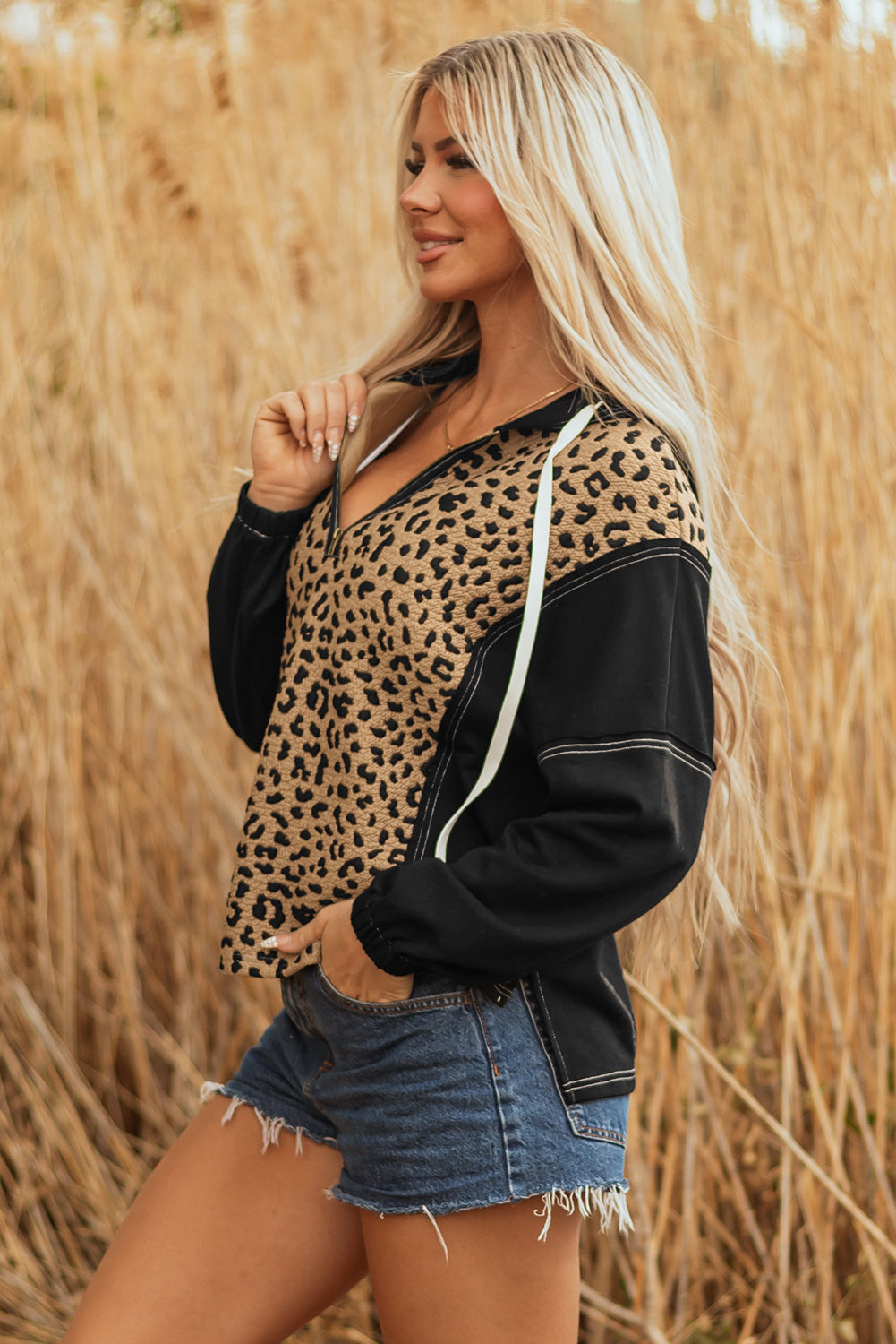 Brown Leopard Patchwork Contrast Stitching Knotted Cuff Quarter Zip Hoodie-Tops/Sweatshirts & Hoodies-[Adult]-[Female]-2022 Online Blue Zone Planet