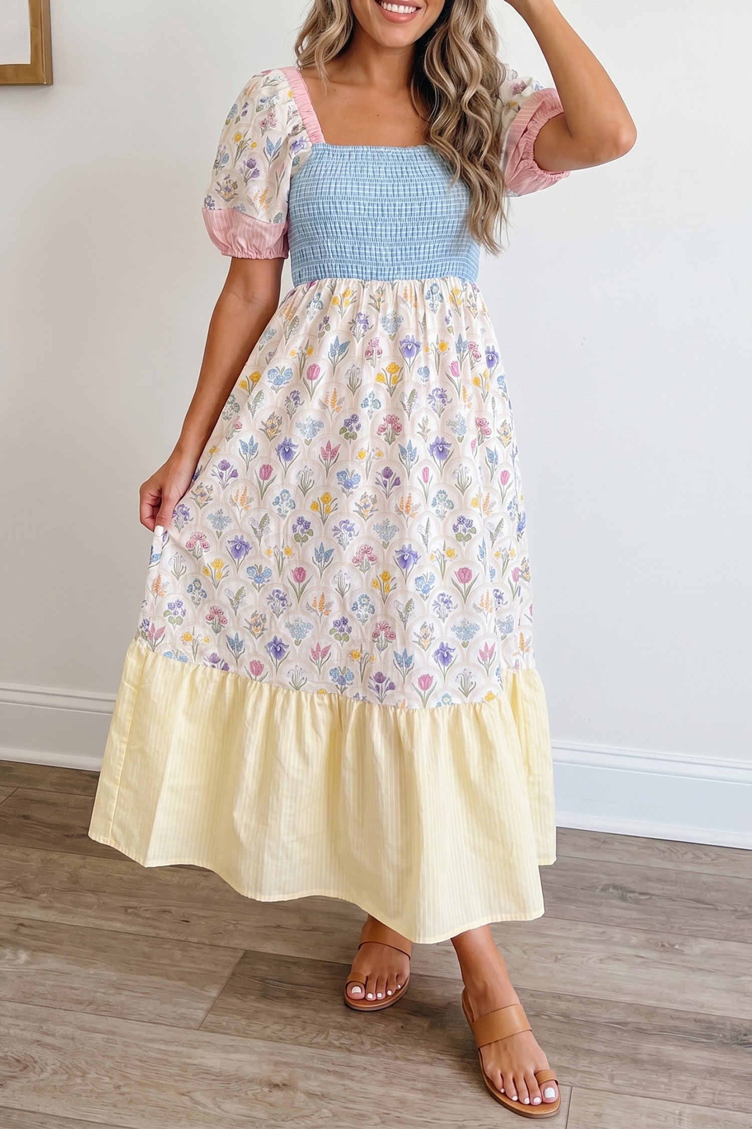 Multicolour Floral Print Striped Color Block Patchwork Square Neck Shirred Long Dress-TOPS / DRESSES-[Adult]-[Female]-2022 Online Blue Zone Planet