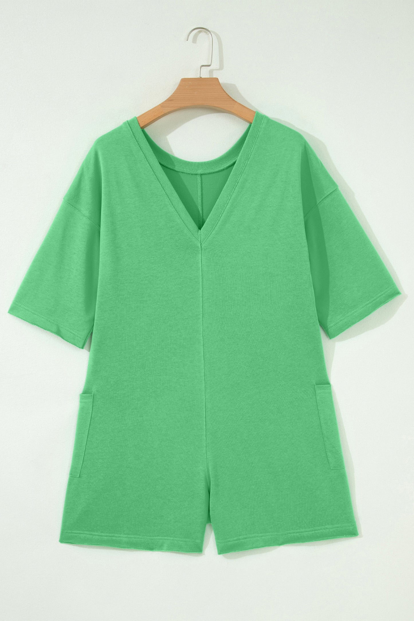 Bright Green Solid Color Raw Edge Half Sleeve Pocketed Loose Romper-Bottoms/Jumpsuits & Rompers-[Adult]-[Female]-2022 Online Blue Zone Planet