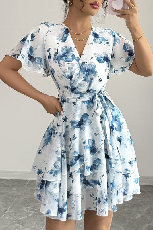 Sky Blue Floral Print Tie Waist Mini Dress-Short Dresses-[Adult]-[Female]-Sky Blue-L-2022 Online Blue Zone Planet