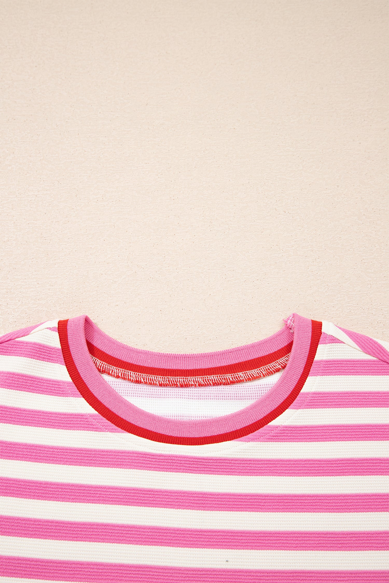 Pink Stripe Contrast Trim Short Sleeve Top Loose Shorts 2pcs Casual Outfit-Two Piece Sets/Short Sets-[Adult]-[Female]-2022 Online Blue Zone Planet