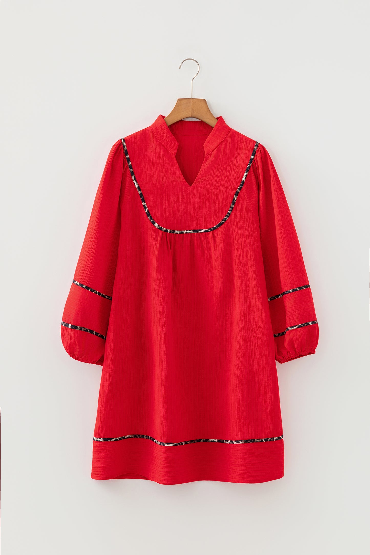 Fiery Red Textured V Neck Leopard Contrasted Trim Long Sleeve Shift Mini Dress