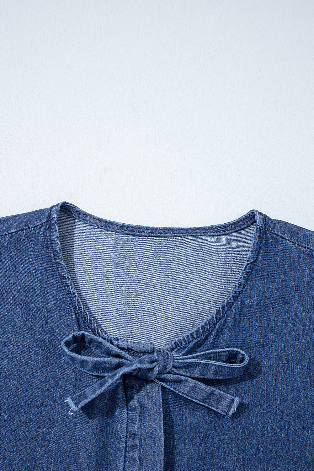 Sail Blue Tied Front Bubble Sleeve Peplum Denim Shirt-Tops/Blouses & Shirts-[Adult]-[Female]-2022 Online Blue Zone Planet