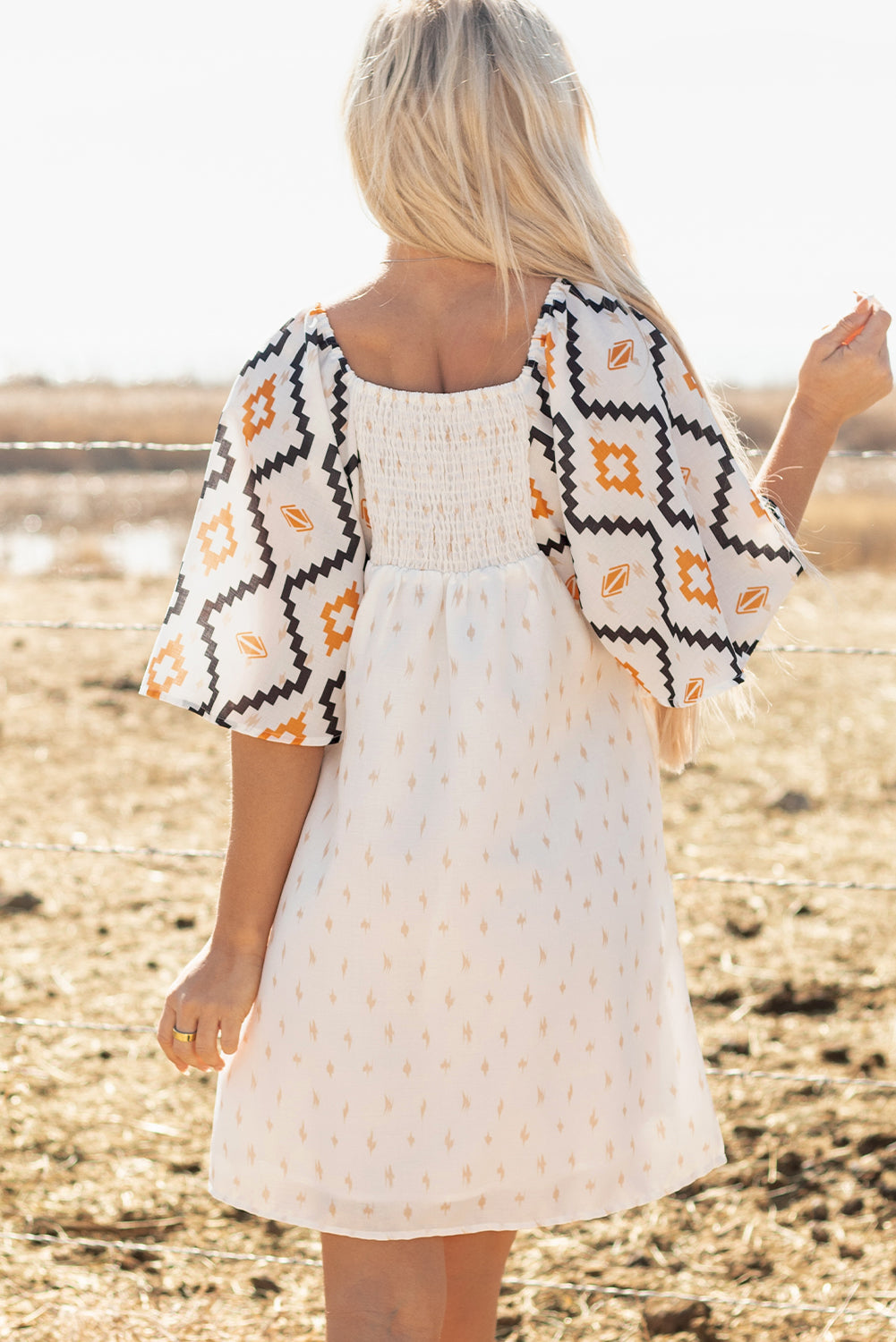 Blue Zone Planet | Beige Western Aztec Print Pleated Square Neck Loose Mini Dress-TOPS / DRESSES-[Adult]-[Female]-2022 Online Blue Zone Planet