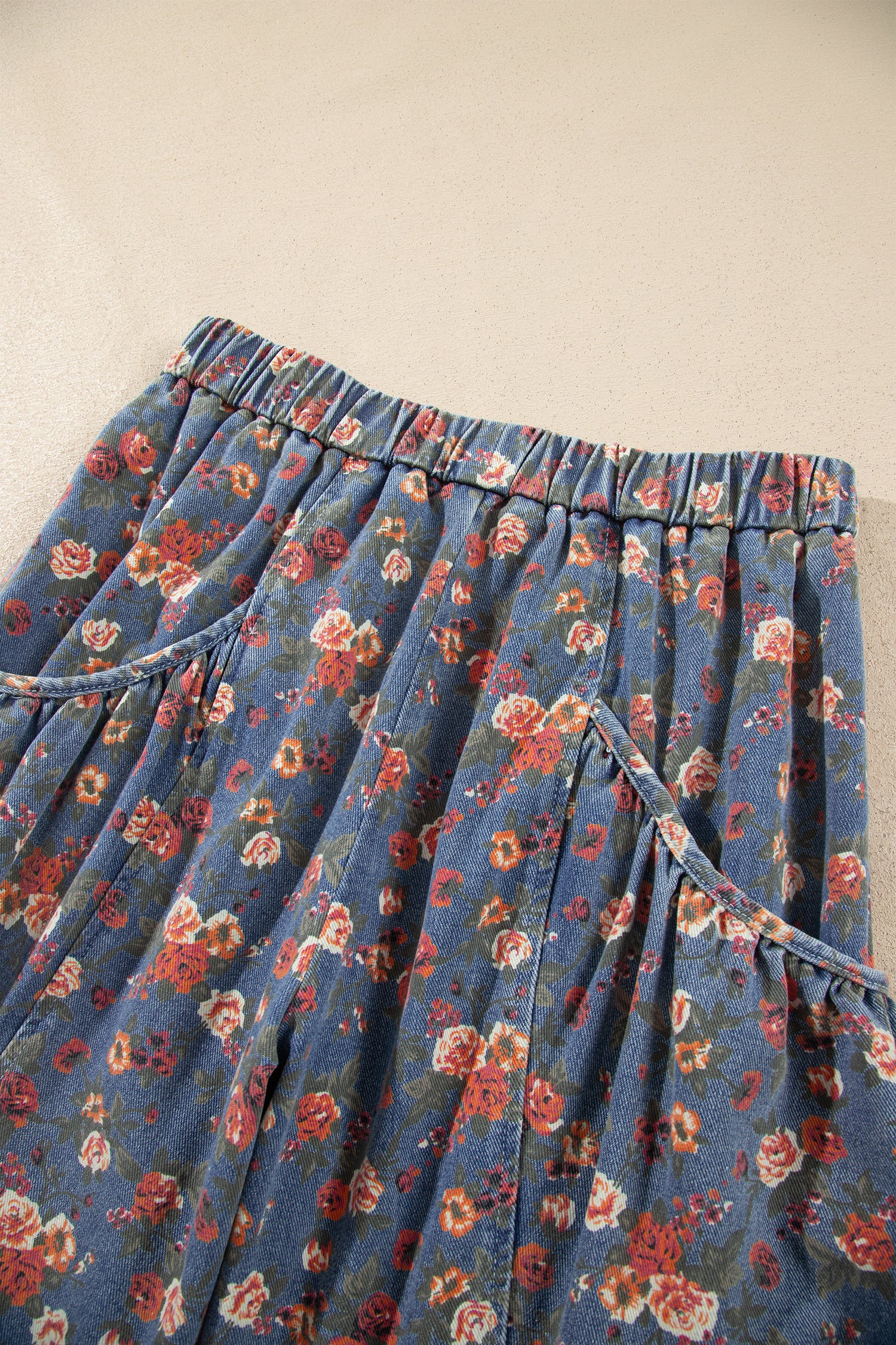 Beau Blue Retro Floral Print Elastic Waist Pocketed Barrel Jeans-Bottoms/Jeans-[Adult]-[Female]-2022 Online Blue Zone Planet
