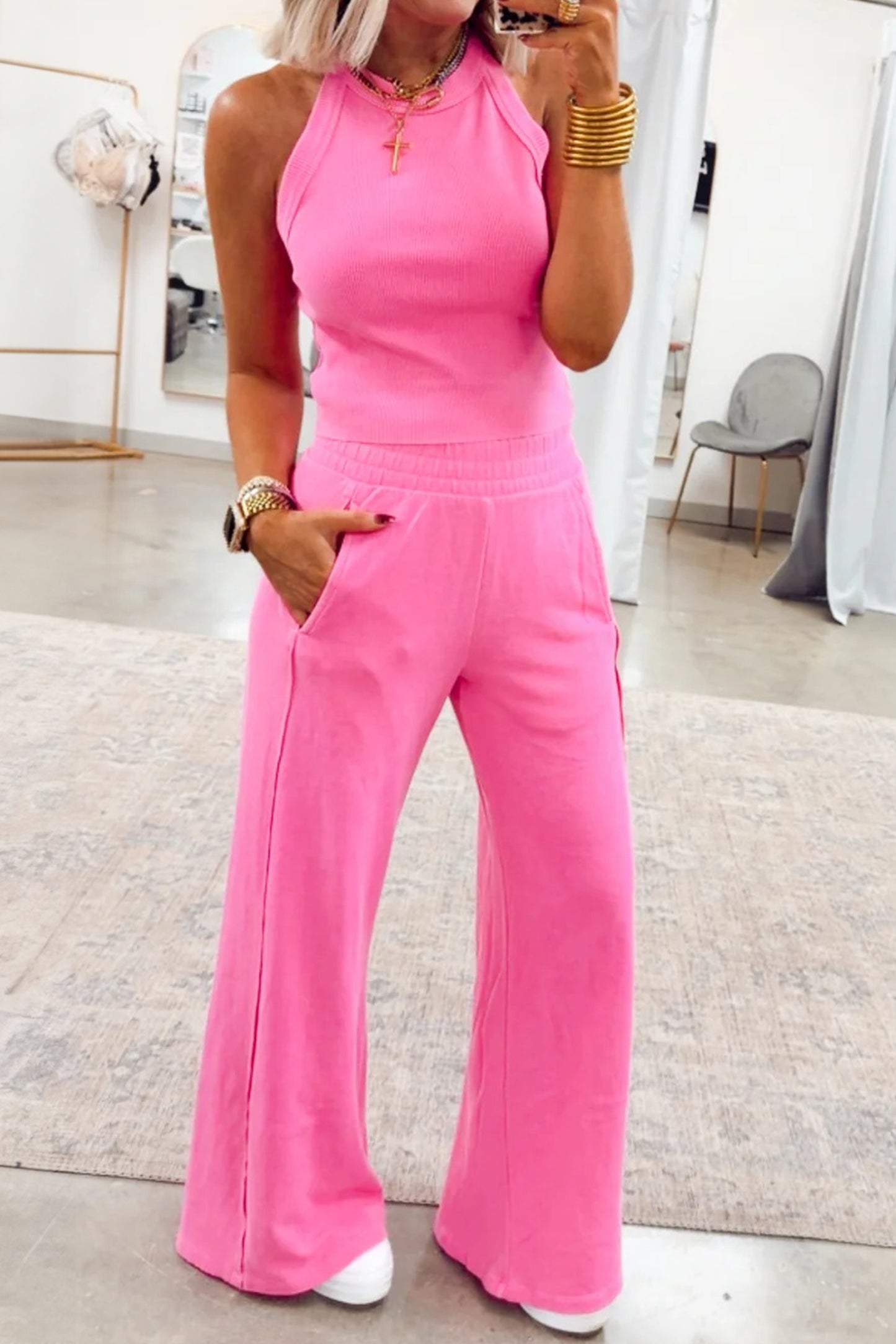 Sachet Pink Slim Ribbed Tank Top and Sweatpants Set
