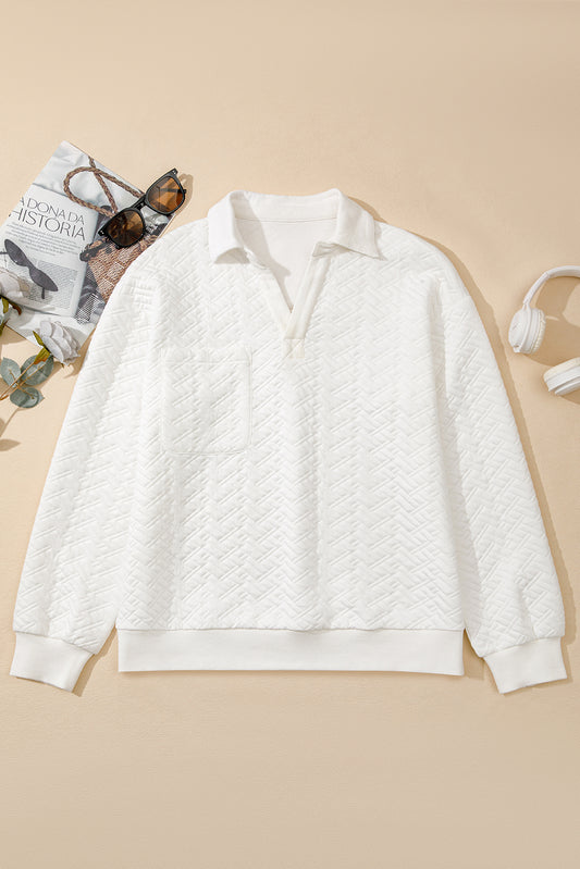 White Textured Pocketed Collared V Neck Pullover Sweatshirt-Tops/Sweatshirts & Hoodies-[Adult]-[Female]-2022 Online Blue Zone Planet