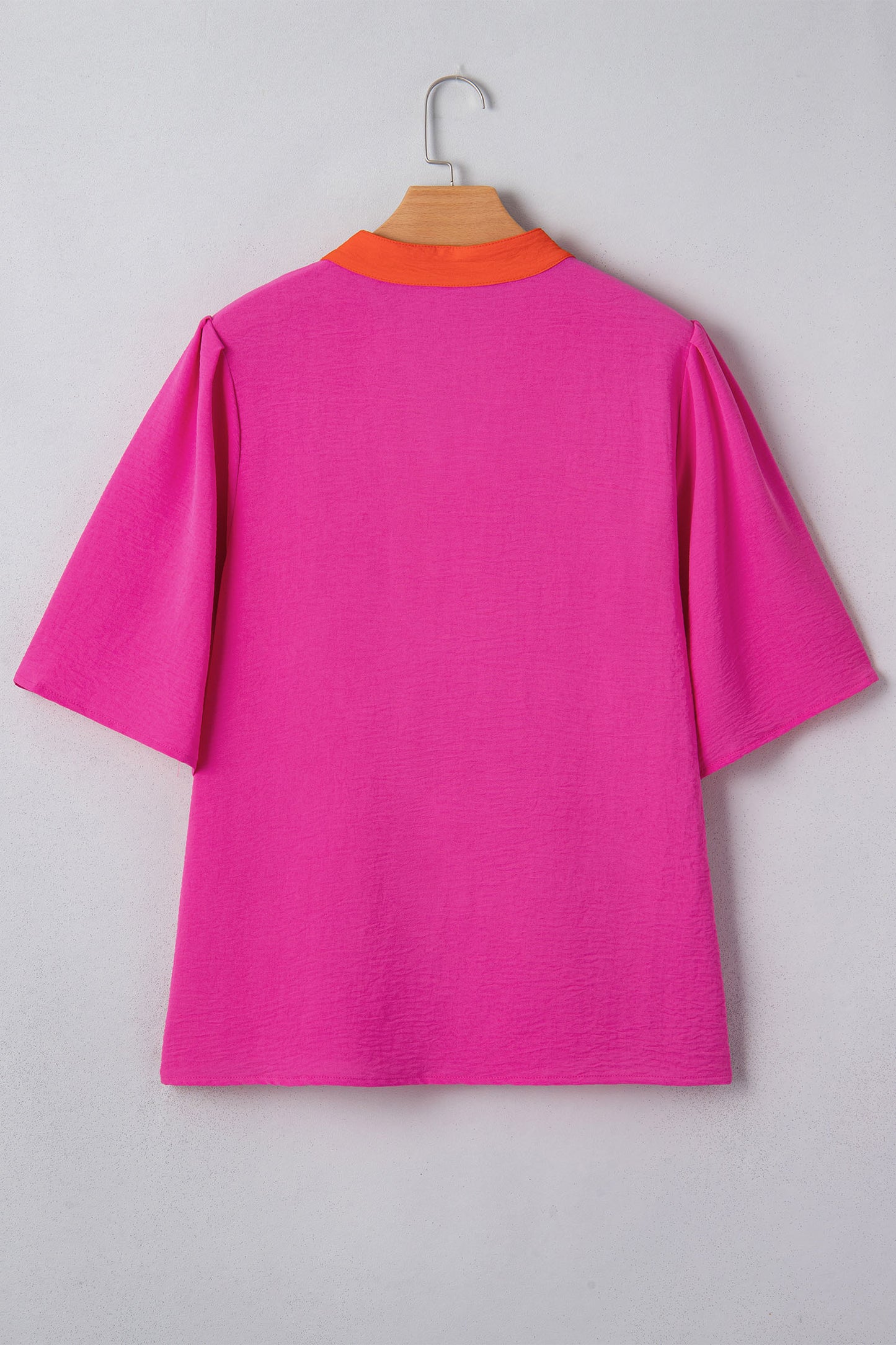 Rose Red Contrast V Neck Colorblock Wide Short Sleeve Top-Tops/Blouses & Shirts-[Adult]-[Female]-2022 Online Blue Zone Planet