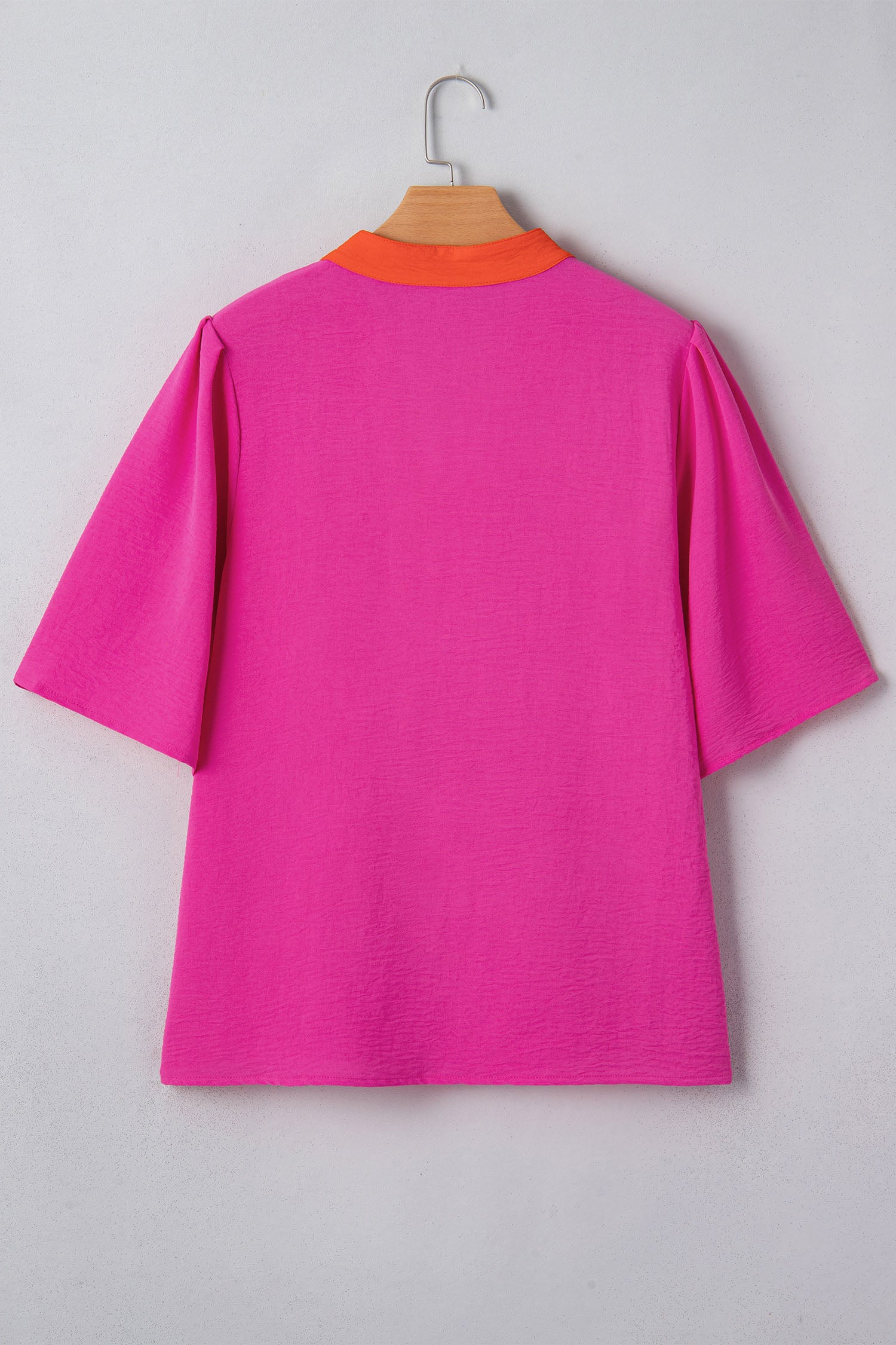 Rose Red Contrast V Neck Colorblock Wide Short Sleeve Top-Tops/Blouses & Shirts-[Adult]-[Female]-2022 Online Blue Zone Planet