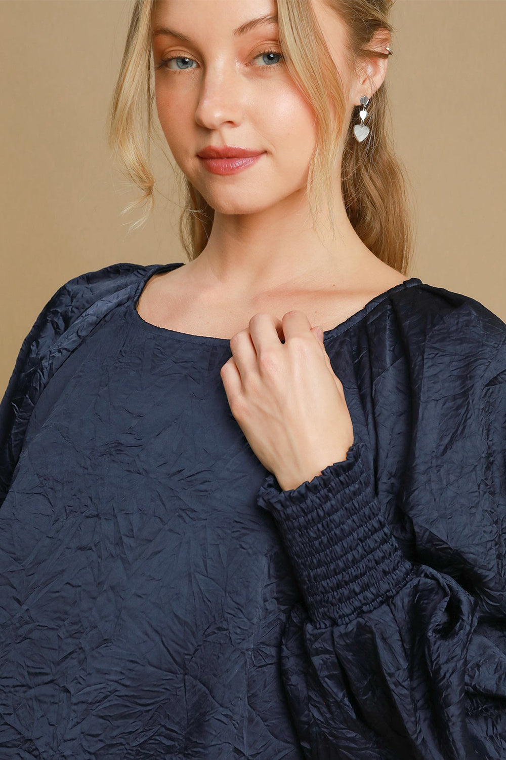 Umgee Wrinkled Round Neck Lantern Sleeve Blouse-TOPS / DRESSES-[Adult]-[Female]-2022 Online Blue Zone Planet