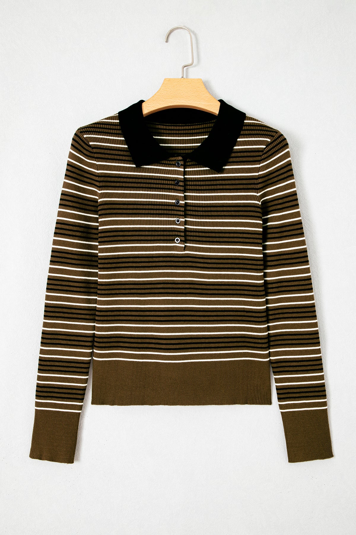 Green Stripe Striped Ribbed Knit Button Collar Sweater-TOPS / DRESSES-[Adult]-[Female]-2022 Online Blue Zone Planet