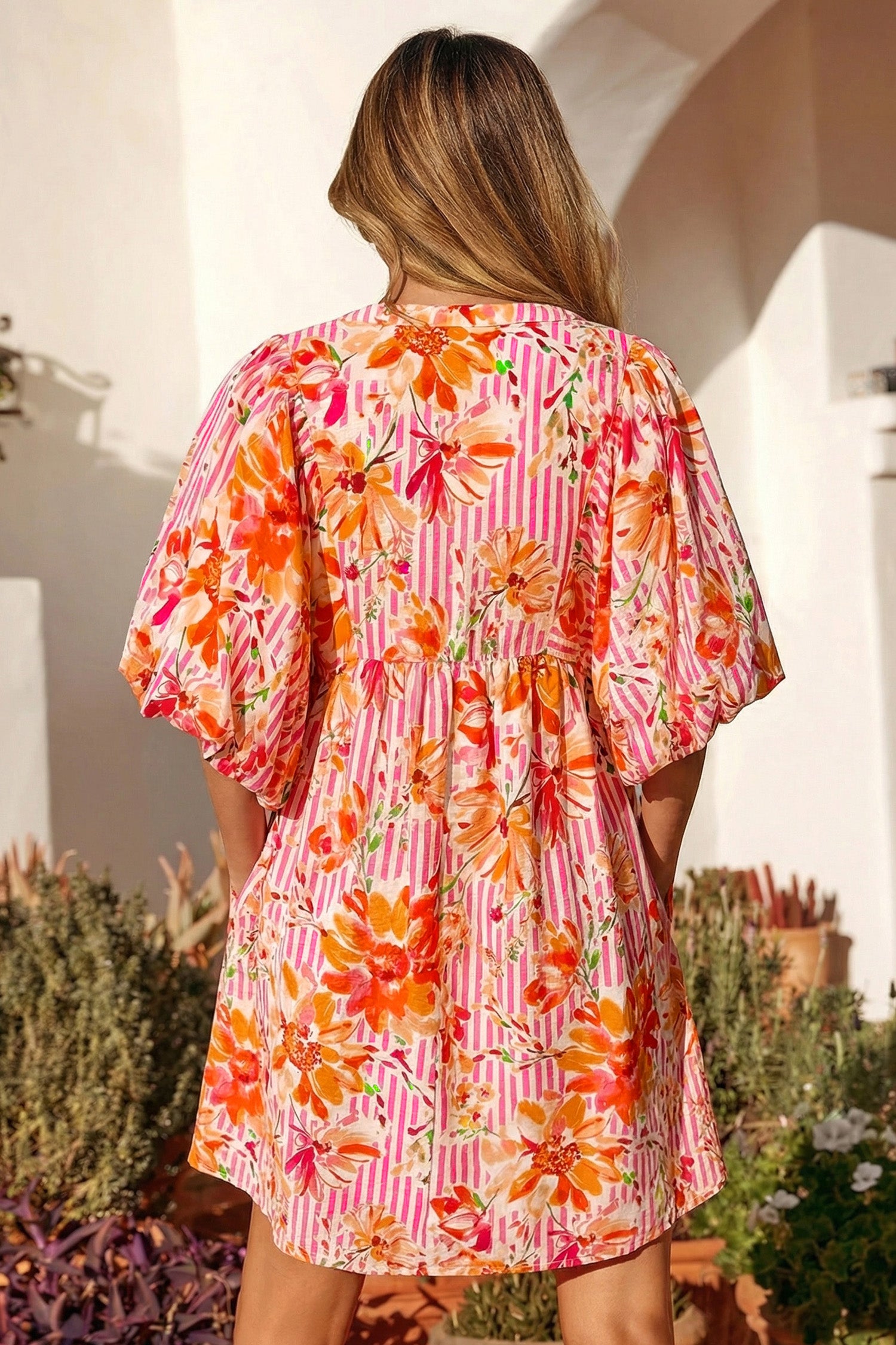 Pink Striped Floral Print Tie Neck Puff Sleeve Loose Mini Dress-TOPS / DRESSES-[Adult]-[Female]-2022 Online Blue Zone Planet