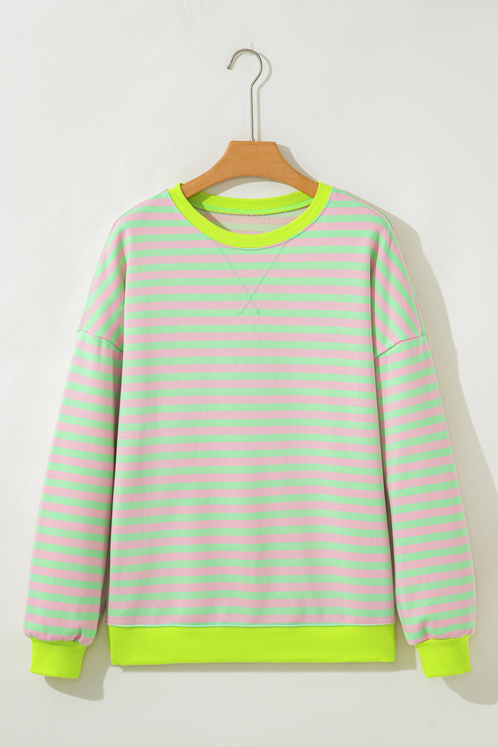 Green Stripe Contrast Ribbed Trim Crossed Stitch Drop Shoulder Sweatshirt-Tops/Sweatshirts & Hoodies-[Adult]-[Female]-2022 Online Blue Zone Planet