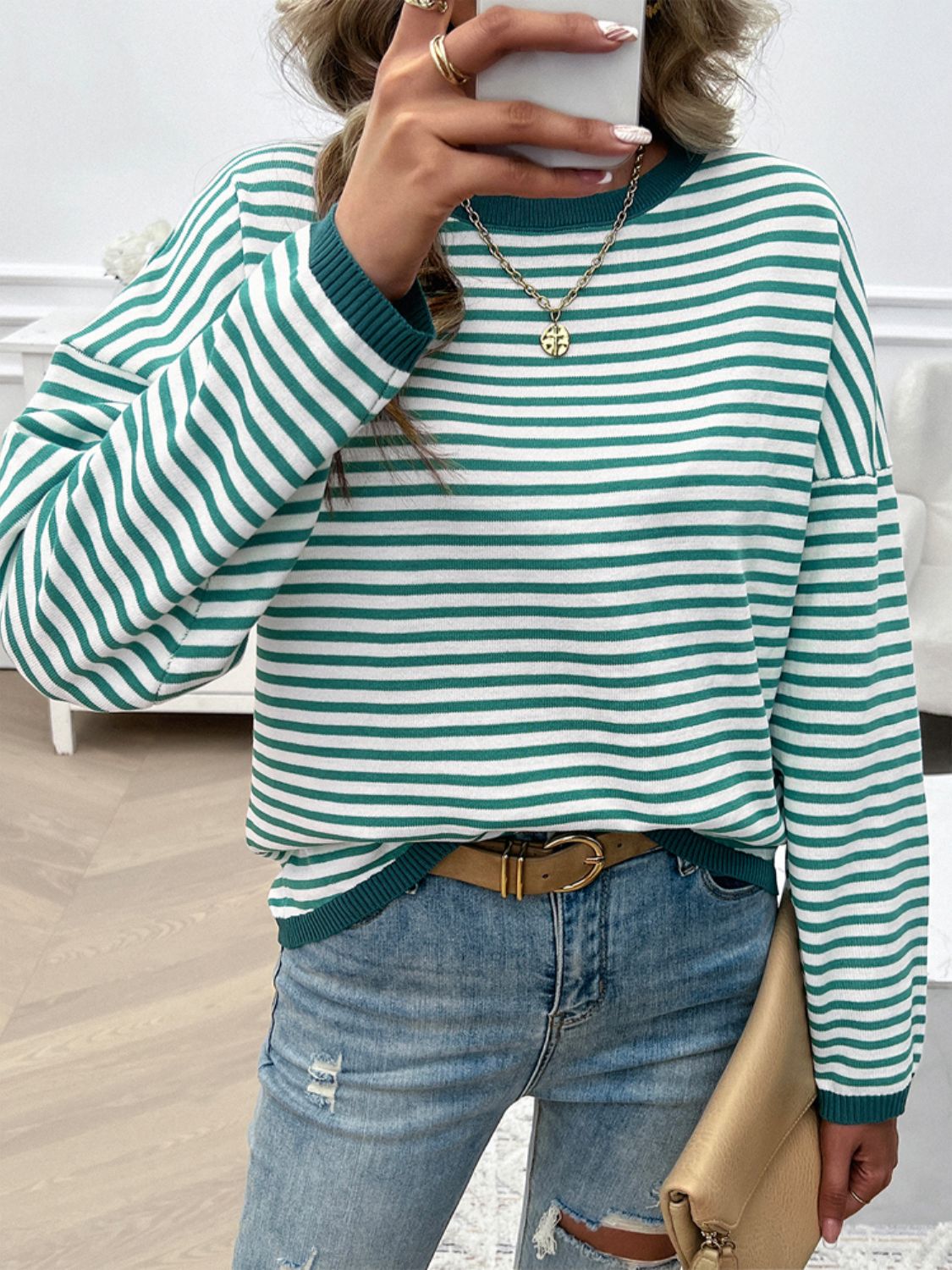 Striped Round Neck Dropped Shoulder Sweater-TOPS / DRESSES-[Adult]-[Female]-Green-S-2022 Online Blue Zone Planet