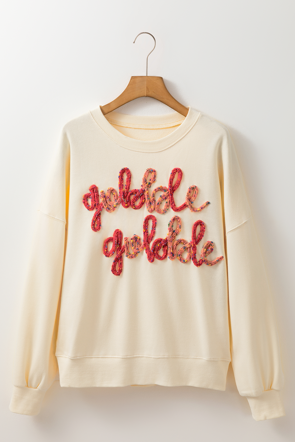 Apricot Thanksgiving Gobble Gobble Embroidered Pattern Drop Shoulder Crew Neck Sweatshirt-Tops/Sweatshirts & Hoodies-[Adult]-[Female]-2022 Online Blue Zone Planet