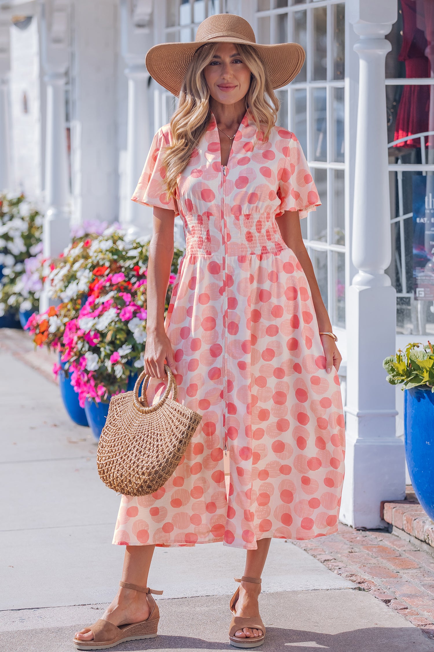 Pink Polka Dot Printed Ruffle Short Sleeve Zip Up Long Dress-TOPS / DRESSES-[Adult]-[Female]-2022 Online Blue Zone Planet