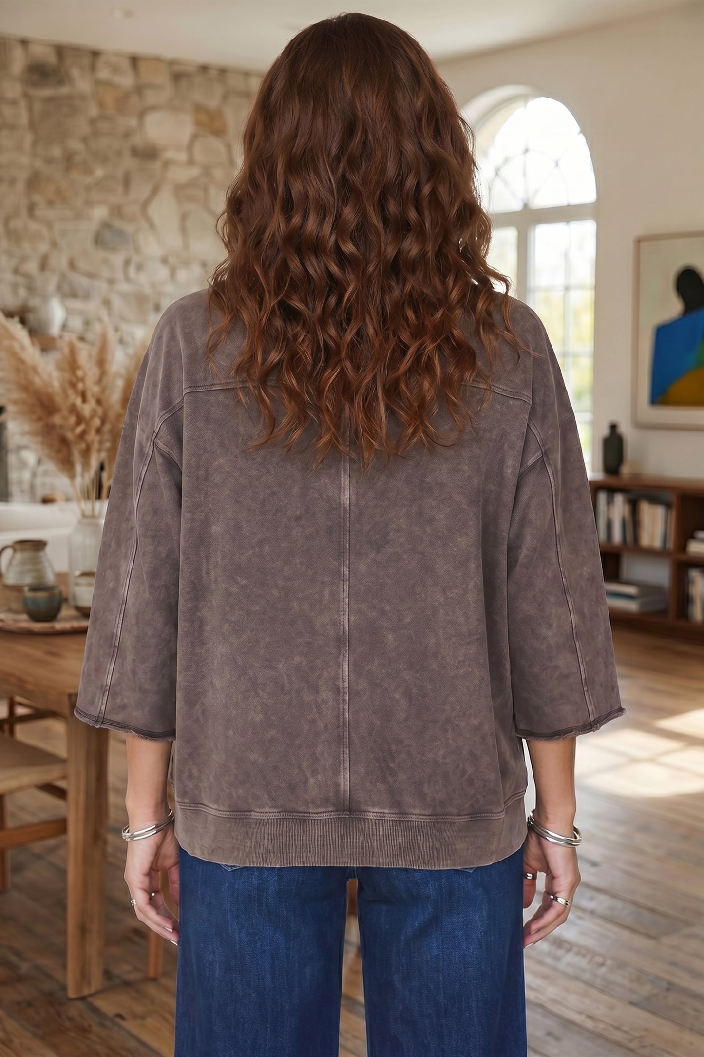 Dark Brown 3/4 Sleeve Mineral Wash Loose Cotton Top