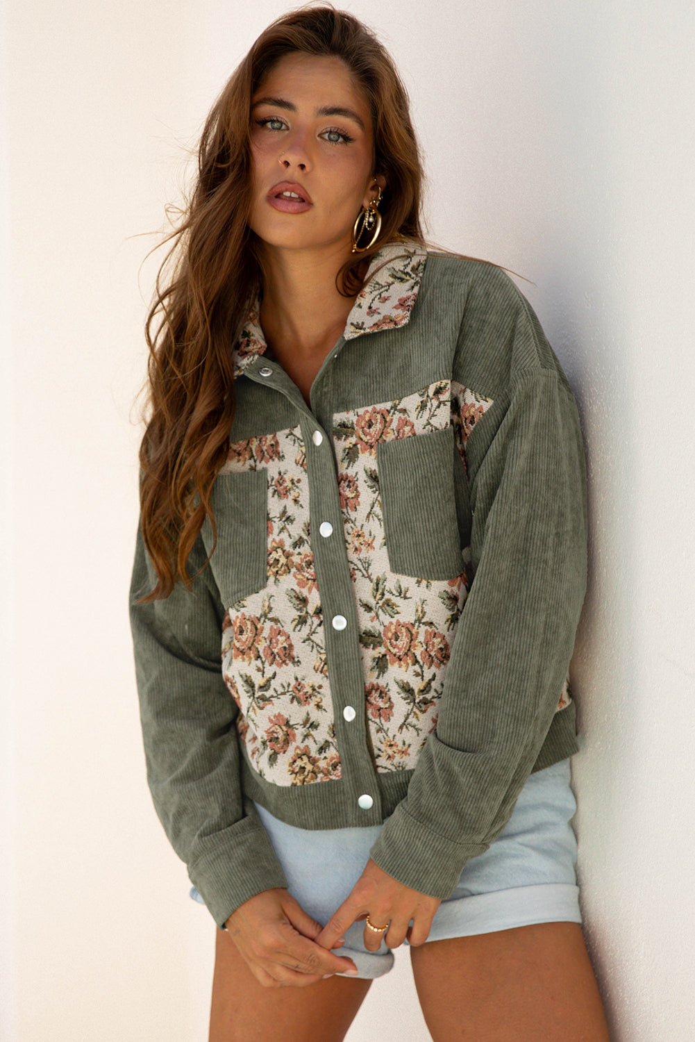 Clay Ribbed Retro Floral Patchwork Shirt Style Jacket-Outerwear/Jackets-[Adult]-[Female]-Sage Green-S-2022 Online Blue Zone Planet