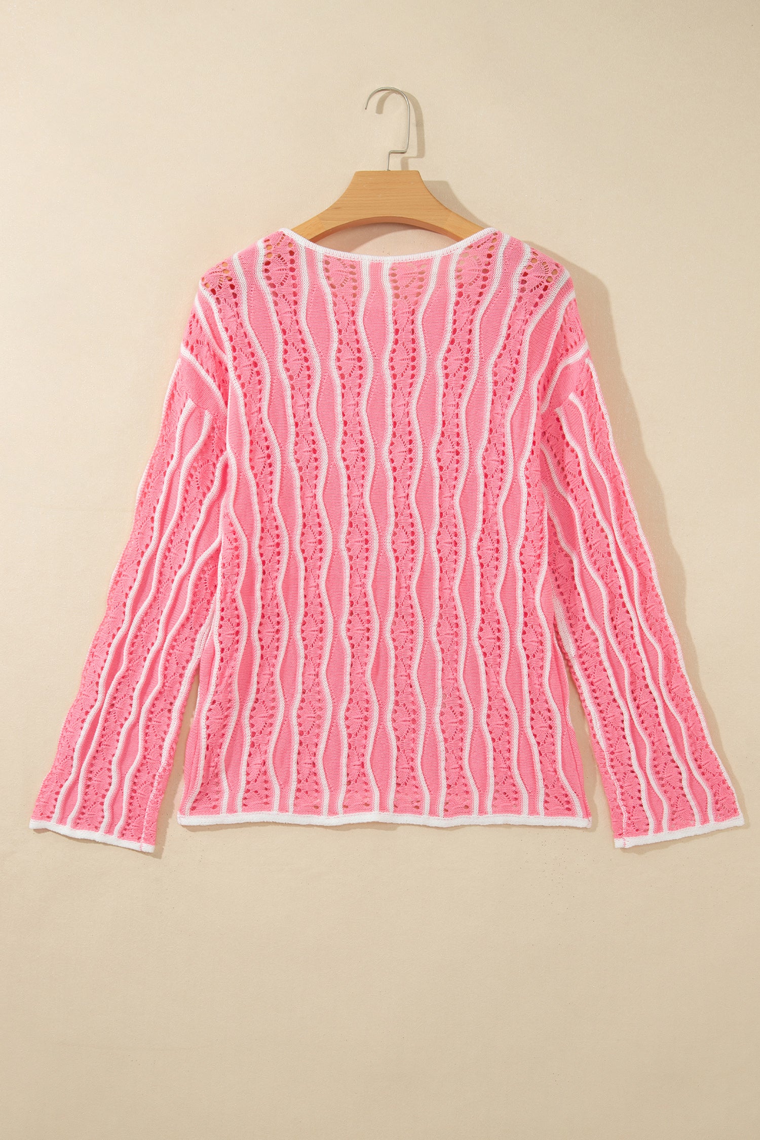 Pink Wavy Detail Hollow Out Knit Long Sleeve Cotton Pullover Sweater-Sweaters & Cardigans/Sweaters-[Adult]-[Female]-2022 Online Blue Zone Planet