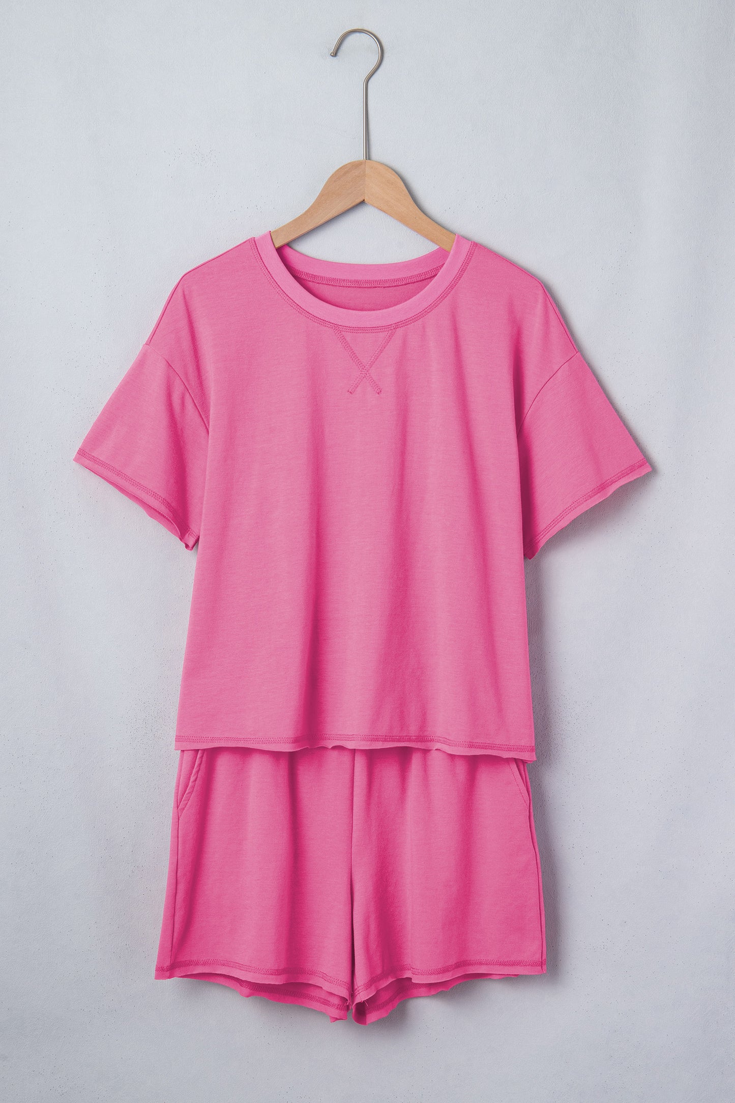Bright Pink Seam Detail Raw Edge Tee Rainbow Waistband Casual Short Set-Two Piece Sets/Short Sets-[Adult]-[Female]-2022 Online Blue Zone Planet