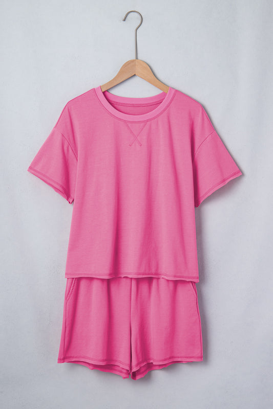 Bright Pink Seam Detail Raw Edge Tee Rainbow Waistband Casual Short Set-Two Piece Sets/Short Sets-[Adult]-[Female]-2022 Online Blue Zone Planet