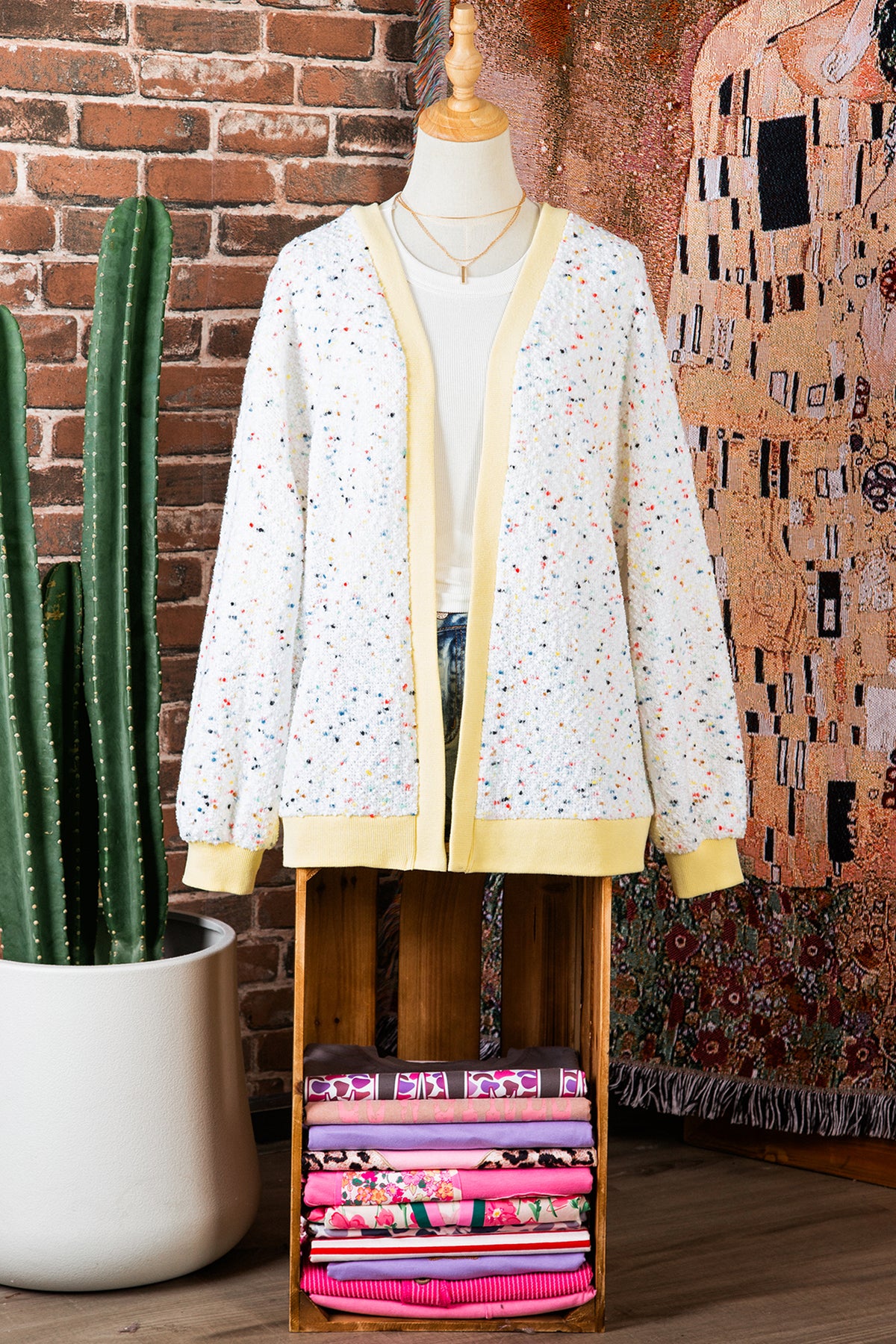 White Abstract Confetti Pattern Color Block Ribbed Cuffs Casual Cardigan-Sweaters & Cardigans/Cardigans-[Adult]-[Female]-2022 Online Blue Zone Planet