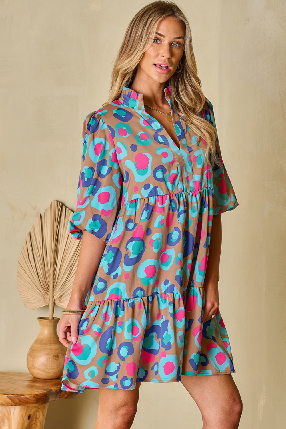 Blue Zone Planet |  Green Leopard Print Bubble Sleeve Slit Neck Ruffled Dress Blue Zone Planet