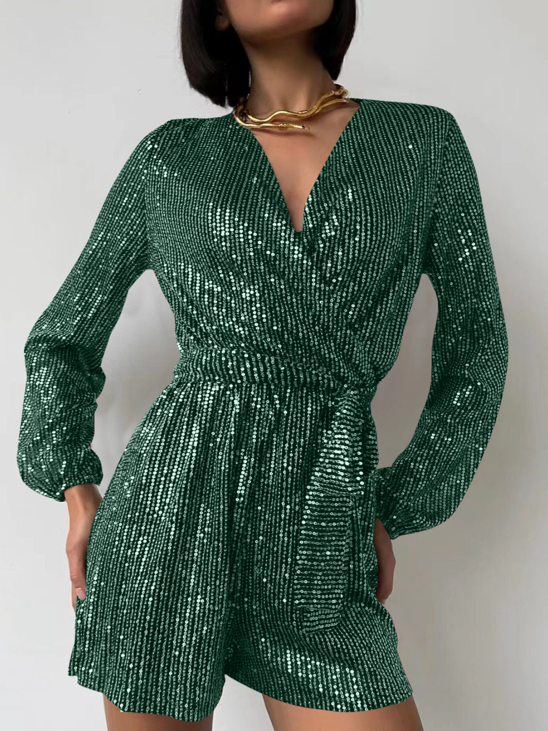 Full Size Sequin Surplice Tie Waist Long Sleeve Romper-TOPS / DRESSES-[Adult]-[Female]-Dark Green-S-2022 Online Blue Zone Planet