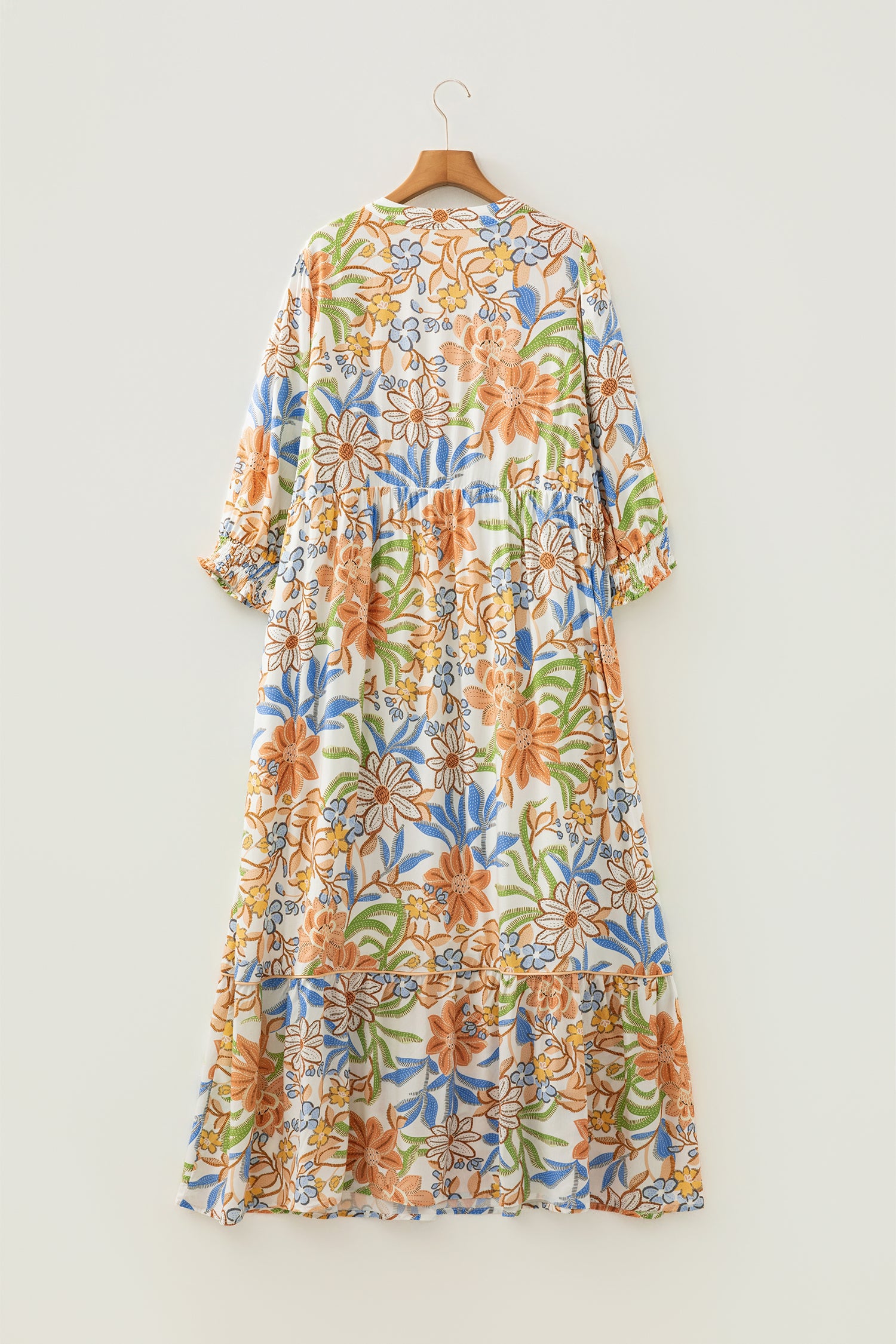 Khaki Floral Print 3/4 Sleeves Tiered Plus Size Long Dress-TOPS / DRESSES-[Adult]-[Female]-2022 Online Blue Zone Planet