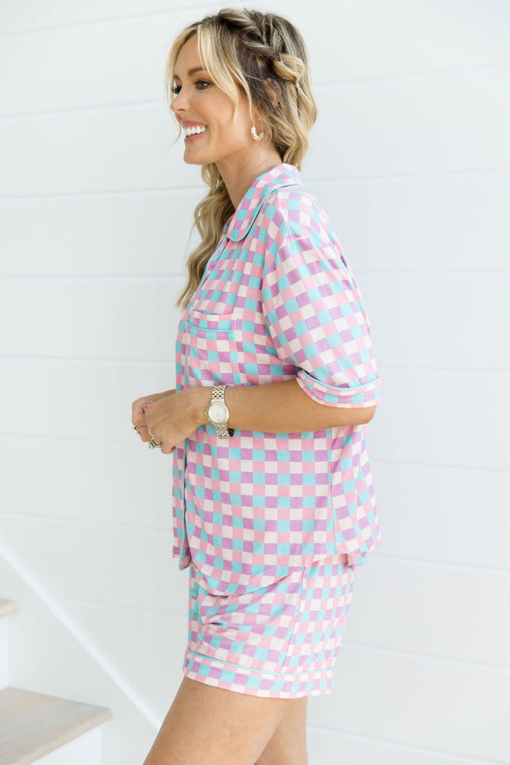 Purple Checkered Pattern Short Sleeve Pajama Set-Loungewear Set-[Adult]-[Female]-2022 Online Blue Zone Planet